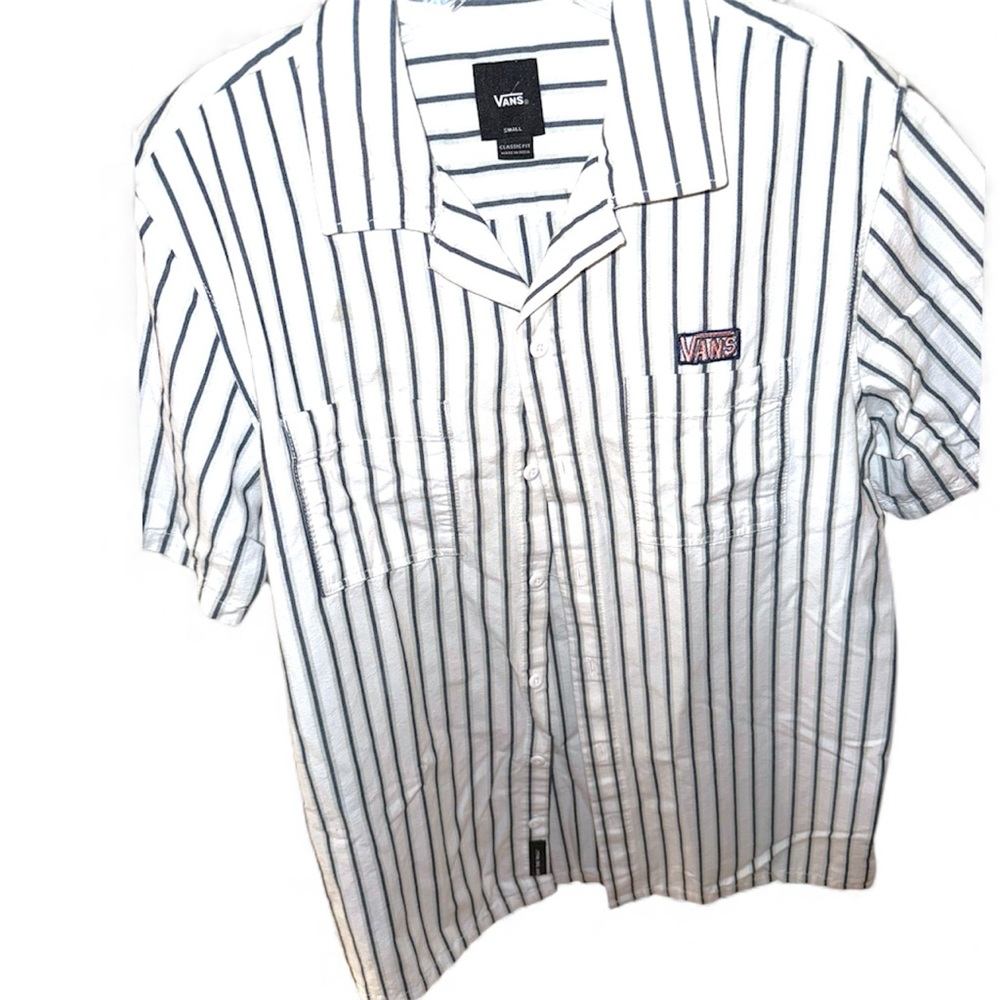 Vans Classic Fit Striped Woven Shirt - Men’s Small - Retro button up patch logo